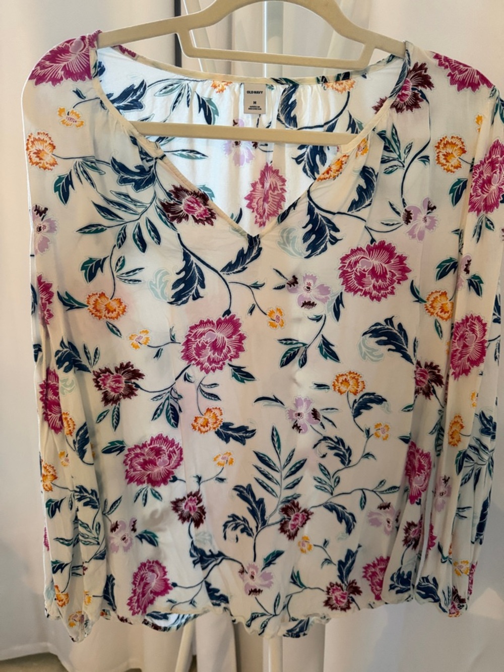 Old Navy Cream Floral V-Neck Top with Pink, Navy & Yellow Accents